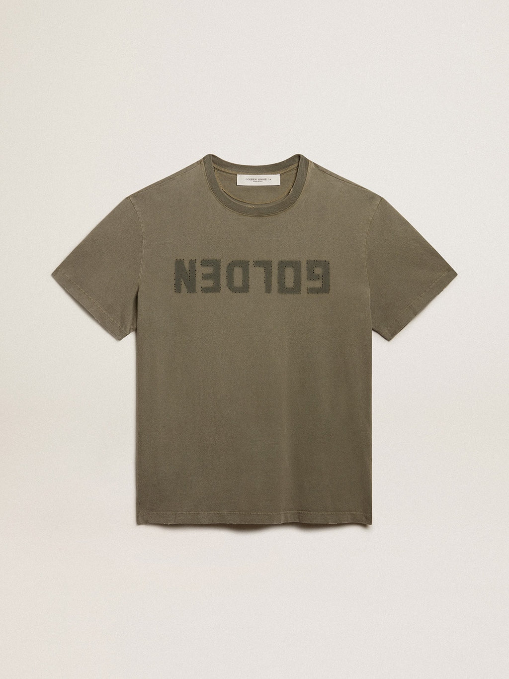 Olive-green regular-fit T-shirt with Golden lettering on the front| Golden Goose