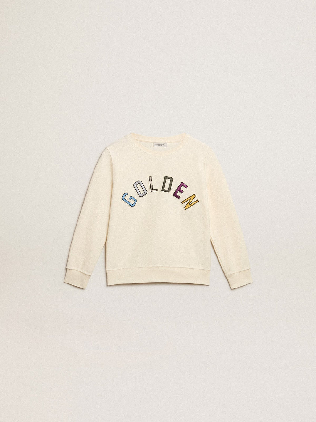 Sweatshirt in aged white with multicolor Golden lettering on the front| Golden Goose