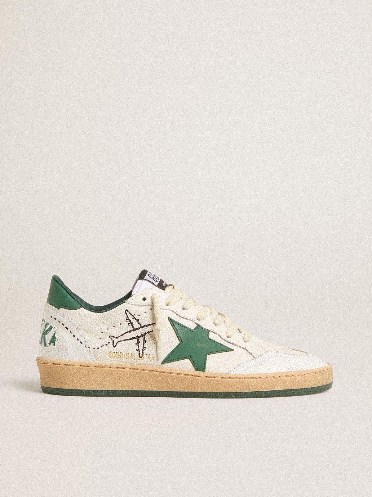 Men's Ball Star Wishes in white nappa leather with green leather star and heel tab| Golden Goose