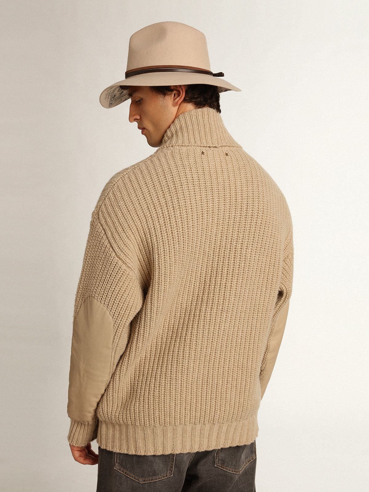 Men's double-breasted beige wool cardigan with leather patches| Golden Goose