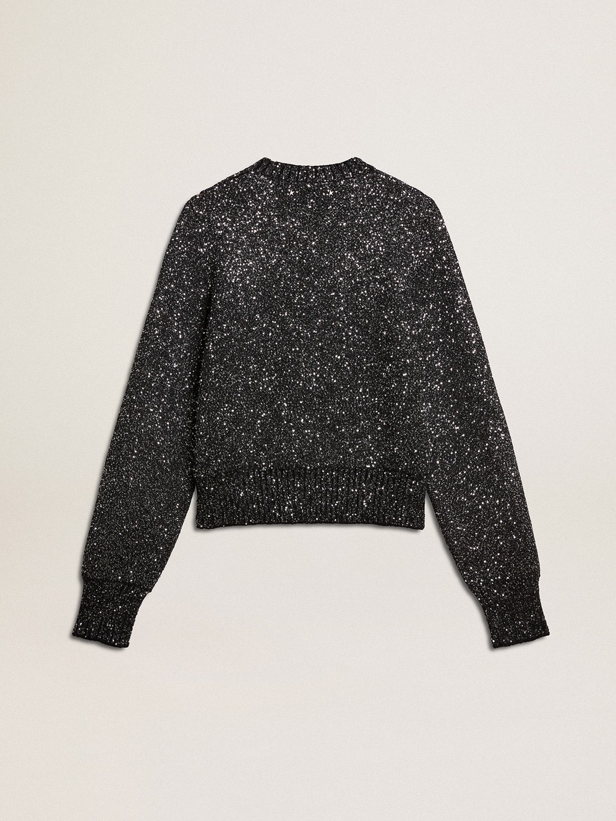Women's black wool blend cropped sweater with all-over sequins| Golden Goose