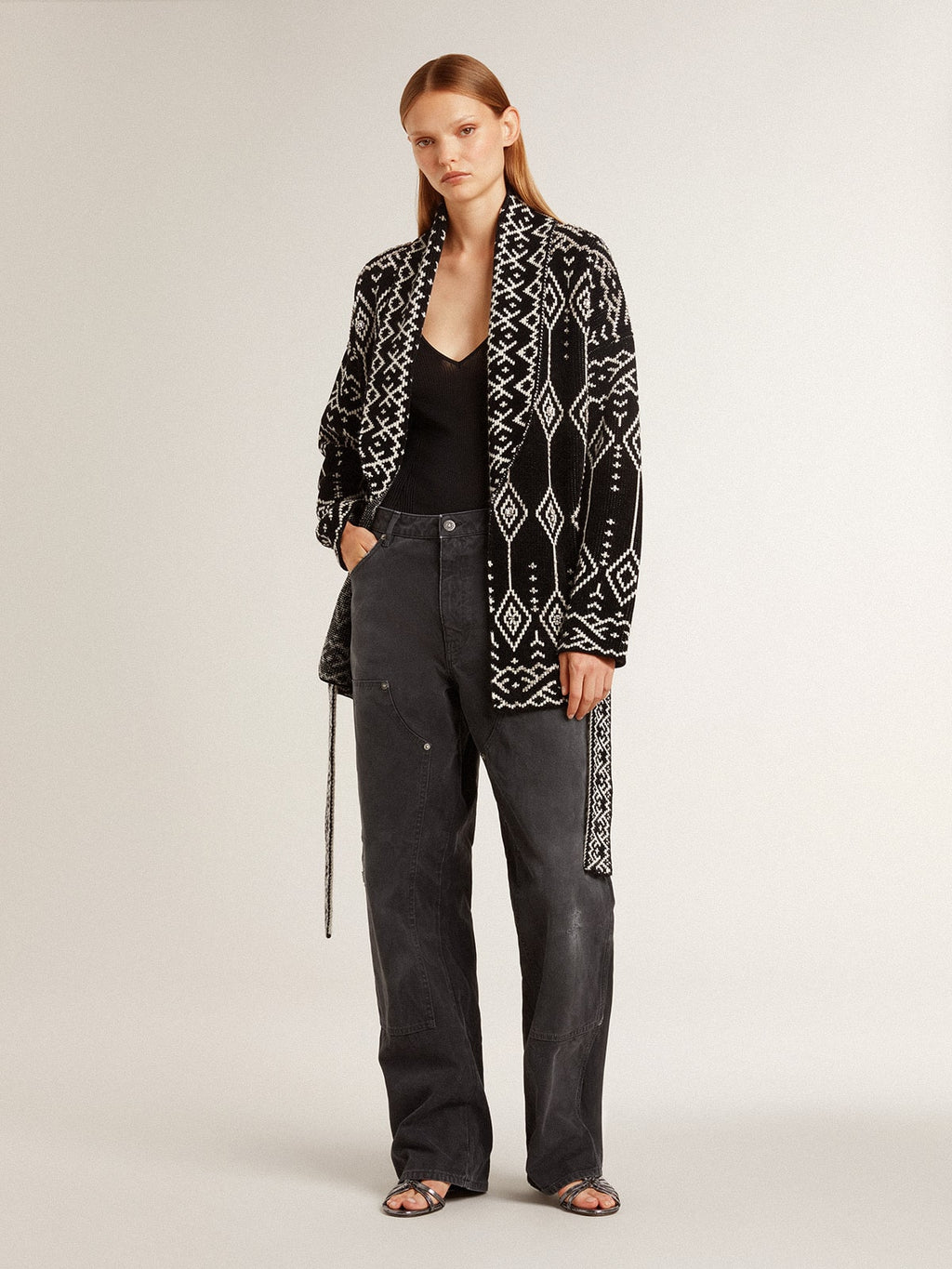 Women's black cardigan with belt and crystals| Golden Goose