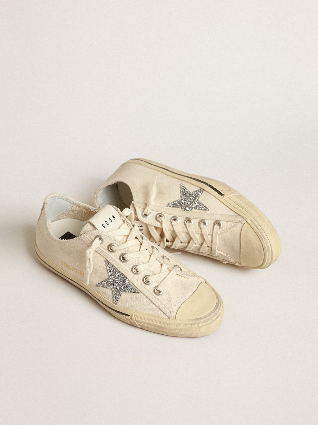 V-Star in beige canvas with a silver glitter star| Golden Goose