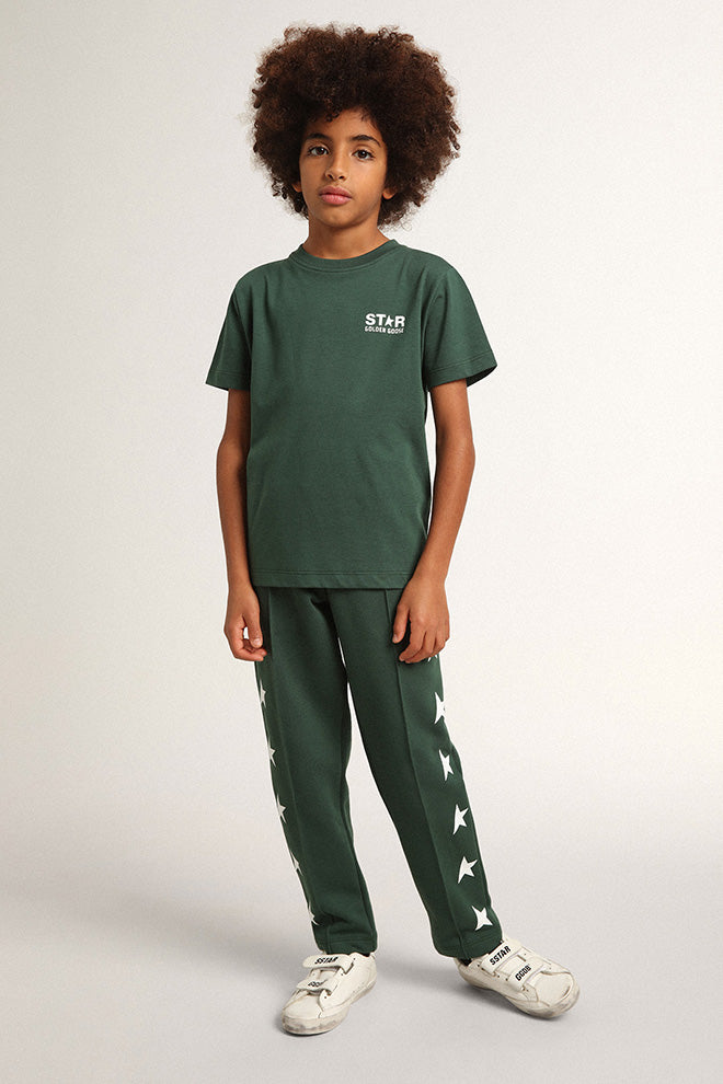 Boys' green T-shirt with contrasting white logo and star| Golden Goose