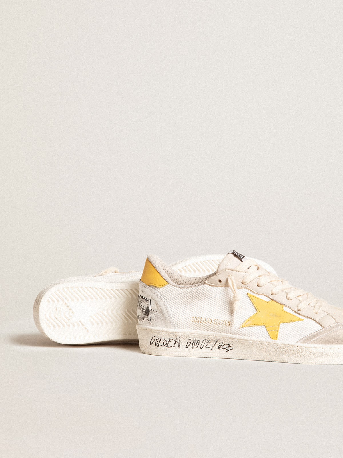 Ball Star LTD in white mesh with yellow leather star and heel tab| Golden Goose