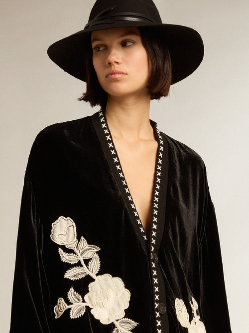Black velvet jacket with floral embroidery on the front| Golden Goose