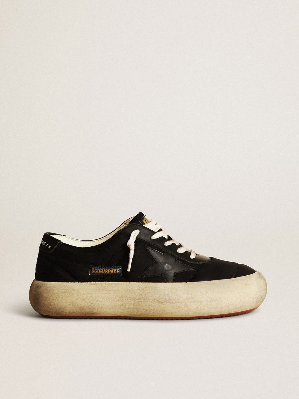 Space-Star shoes in black nylon with black leather star and heel tab| Golden Goose