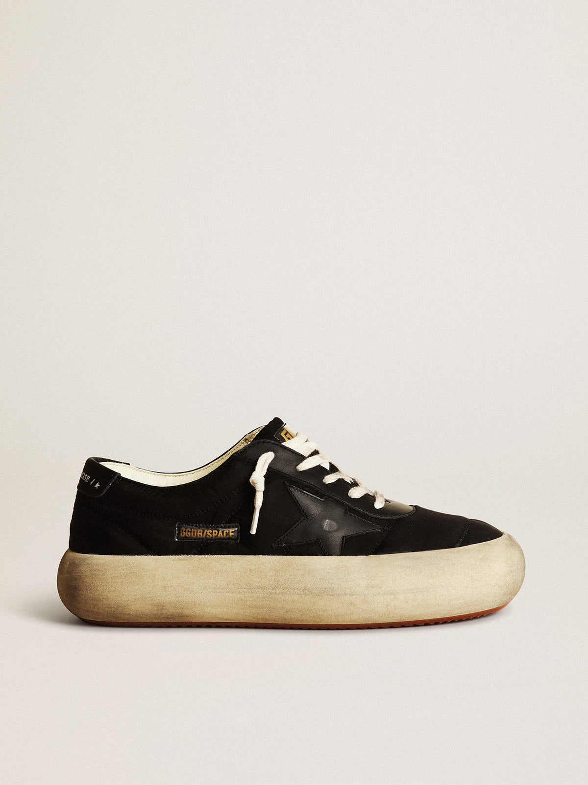 Space-Star shoes in black nylon with black leather star and heel tab| Golden Goose