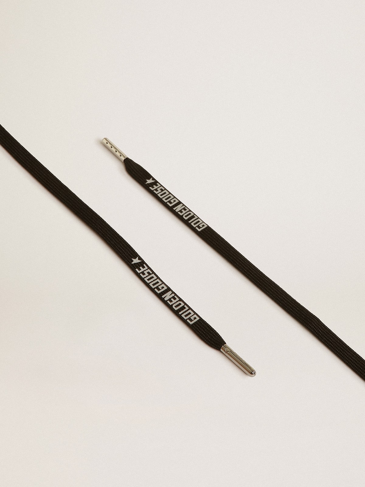 Black cotton laces with contrasting silver logo| Golden Goose