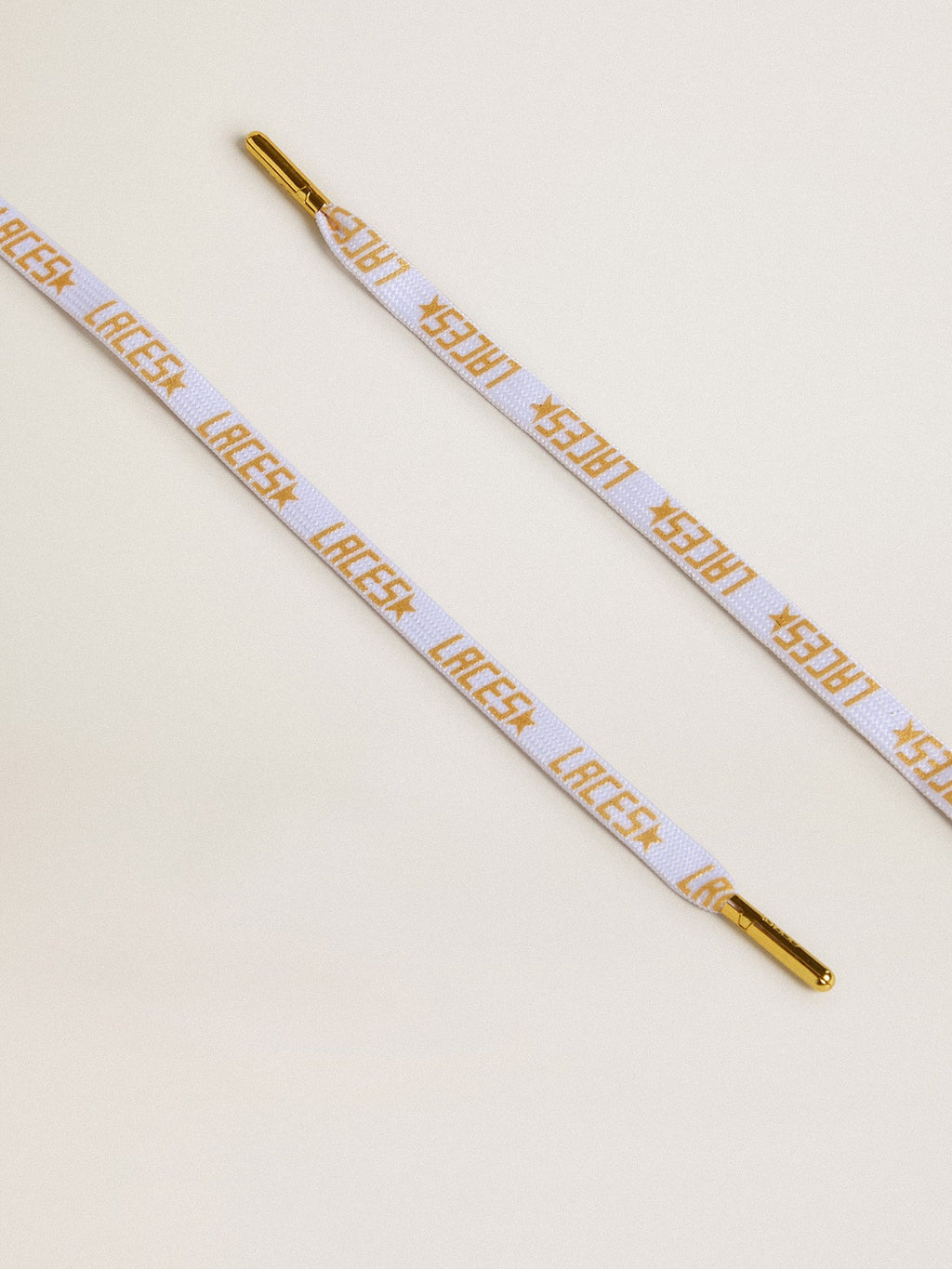 White laces with contrasting gold-colored 'Laces' lettering| Golden Goose