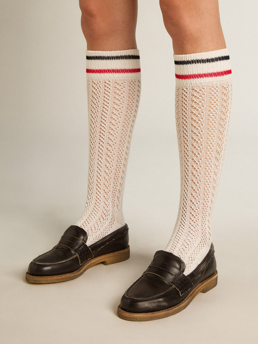 Long ribbed socks in vintage white with two-tone stripes| Golden Goose