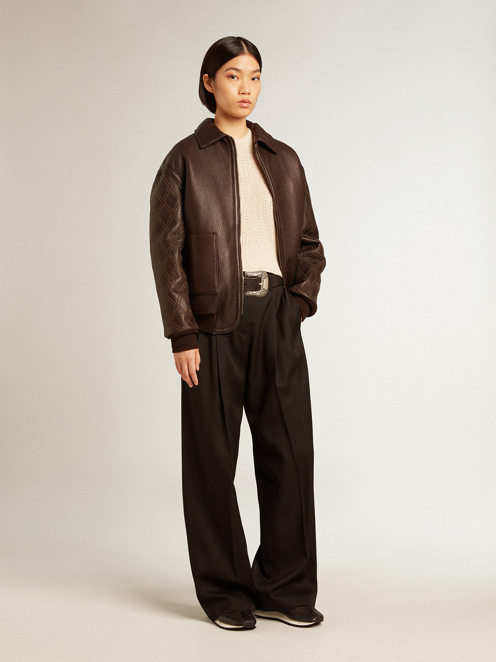 Brown nappa leather jacket with studded sleeves| Golden Goose