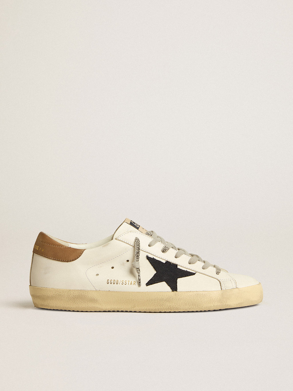Super-Star with blue canvas star and tobacco leather heel tab| Golden Goose