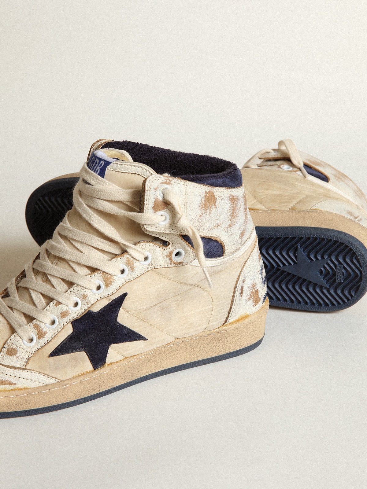Men's Sky-Star in cream-colored nylon and leather with blue suede star| Golden Goose