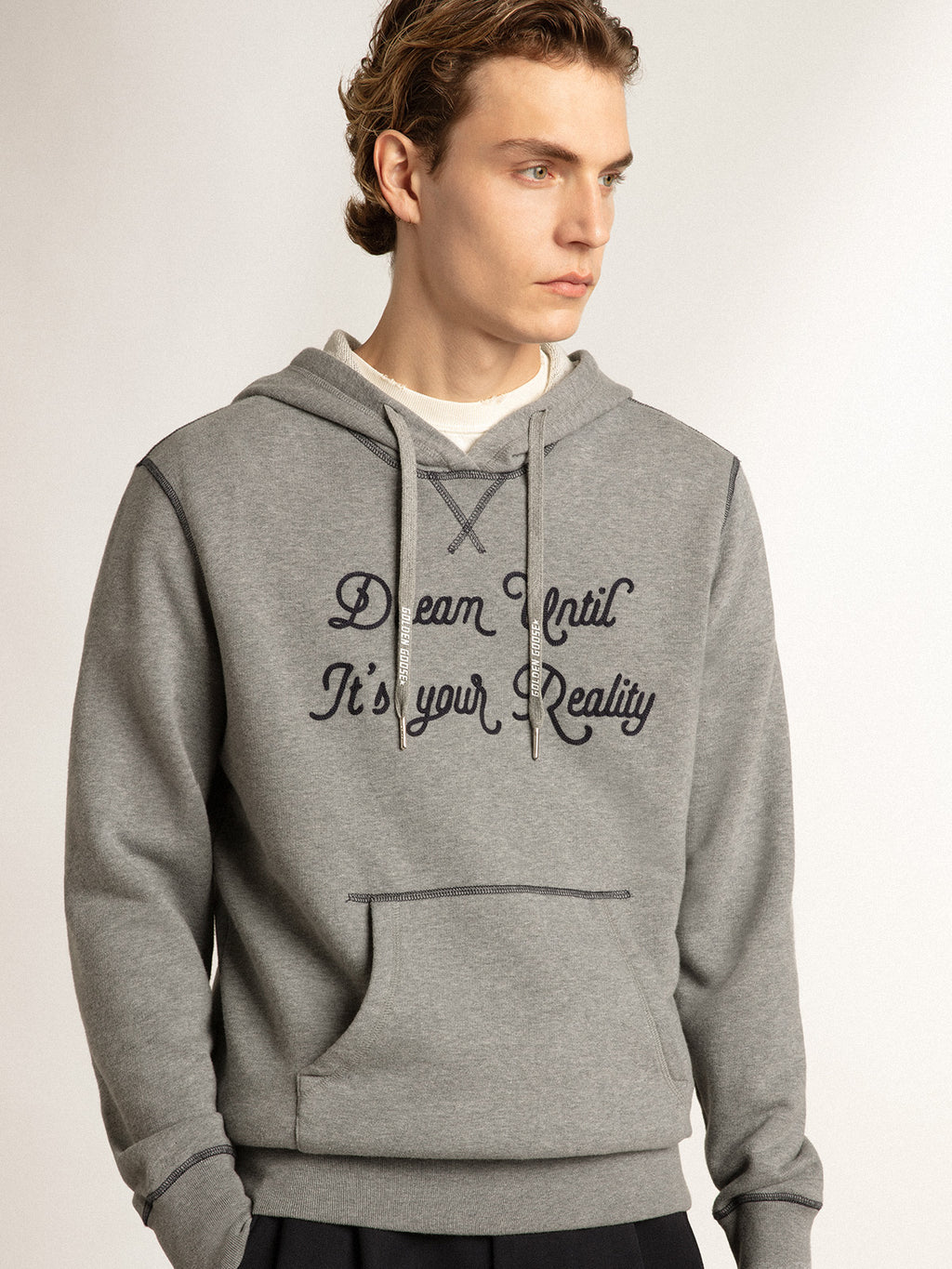 Gray melange cotton sweatshirt with hood| Golden Goose