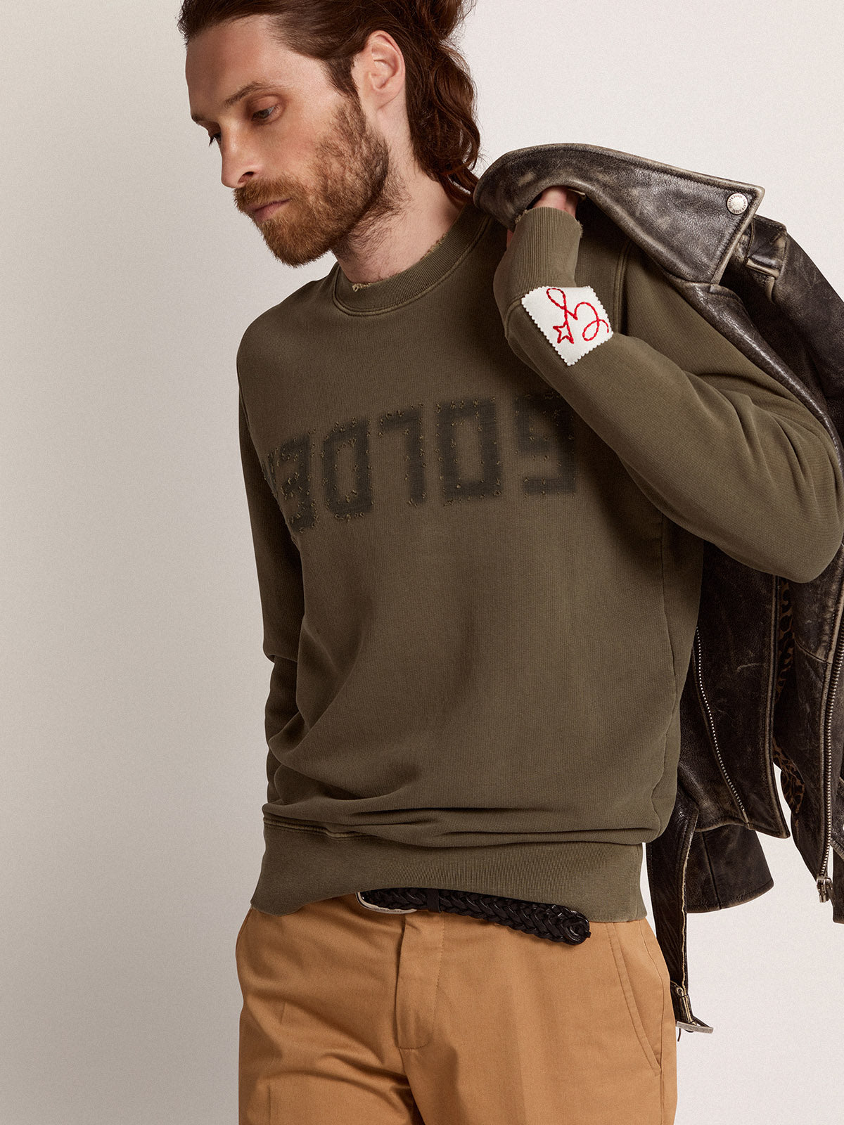 Men's olive green sweatshirt with Golden lettering| Golden Goose