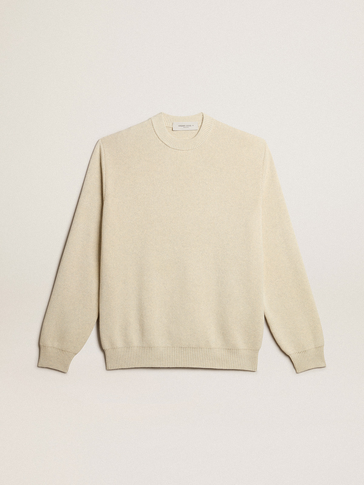 Men's round-neck sweater in panama-colored cotton with logo on the back| Golden Goose