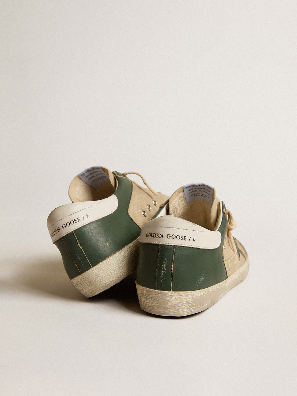 Super-Star LTD in cream mesh and green nappa with nappa star| Golden Goose