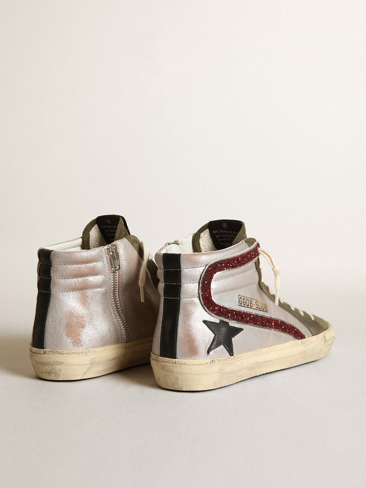 Silver Slide with a black leather star and glitter flash| Golden Goose