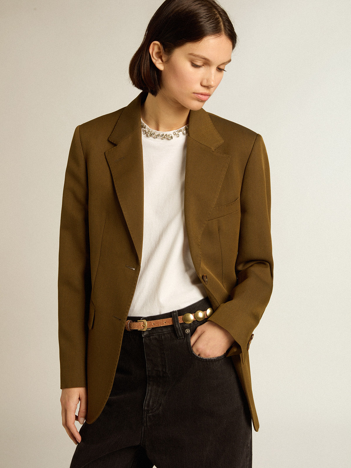 Single-breasted jacket in beech-colored wool with horn buttons| Golden Goose
