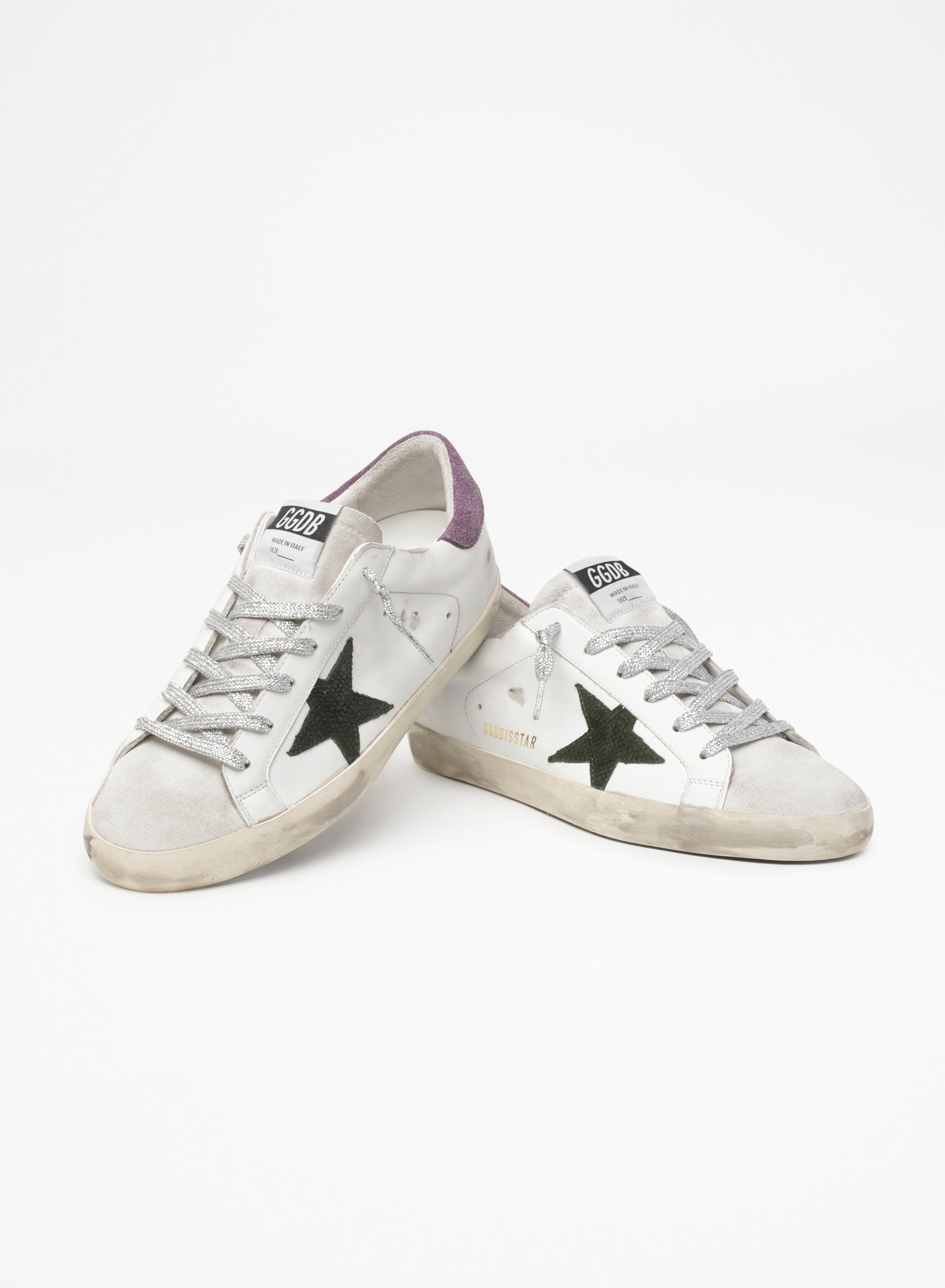 Super-Star with green snake-print suede star and purple heel tab| Golden Goose