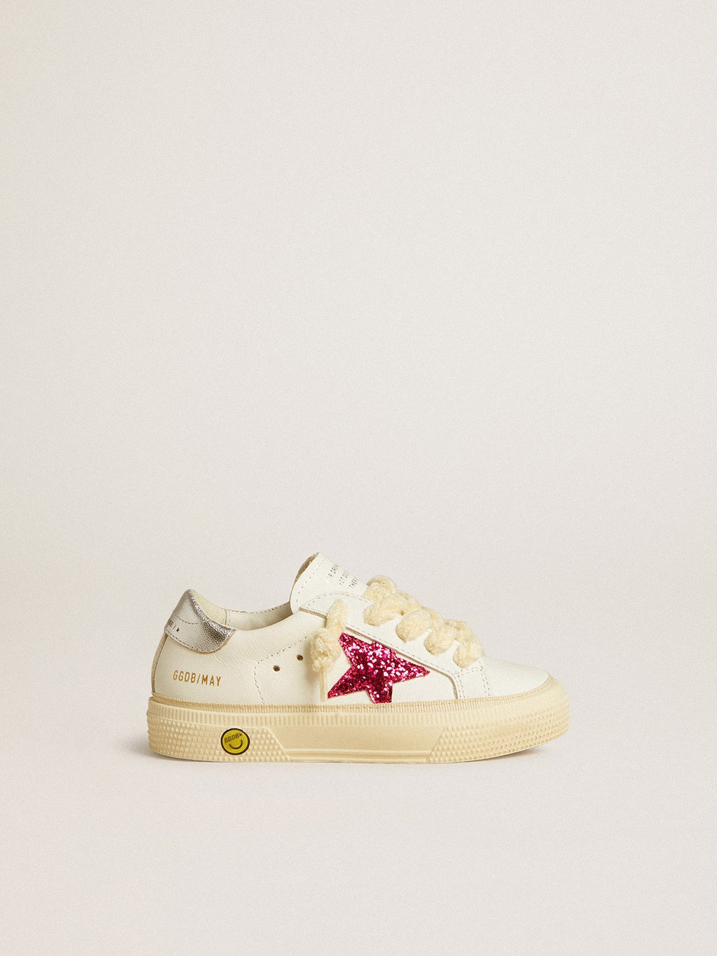 May Young with fuchsia glitter star and metallic leather heel tab| Golden Goose