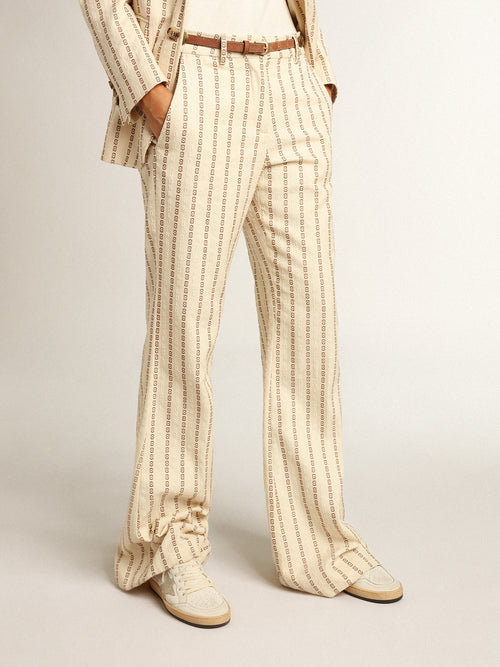 Cream-colored cotton pants with jacquard motif| Golden Goose