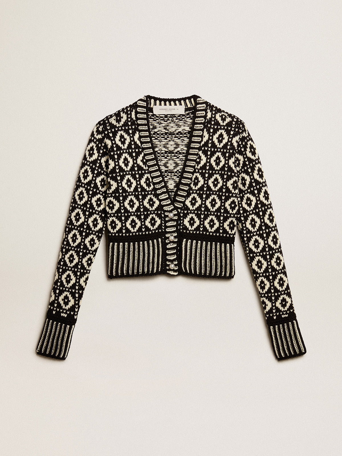 Cropped cardigan with geometric design in vintage white and black| Golden Goose