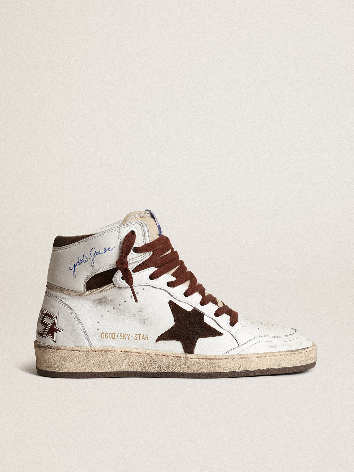 Women's Sky-Star in white nappa leather with chocolate suede star| Golden Goose