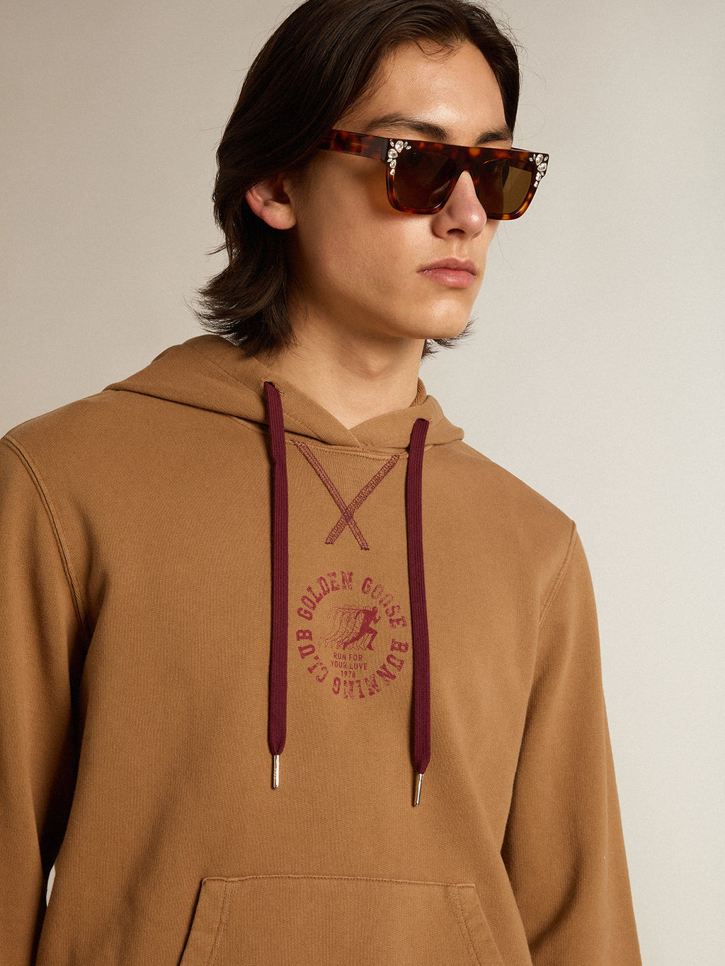 Malt-colored cotton sweatshirt with hood| Golden Goose