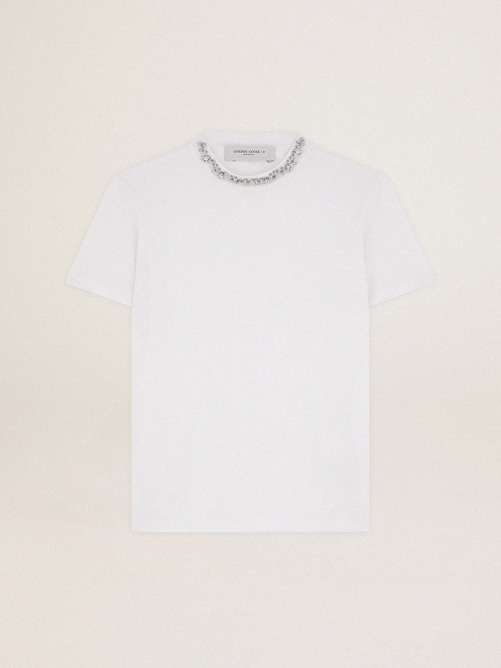 Women's white T-shirt with cabochon crystals| Golden Goose