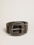 Men's belt in black leather with decorated buckle| Golden Goose