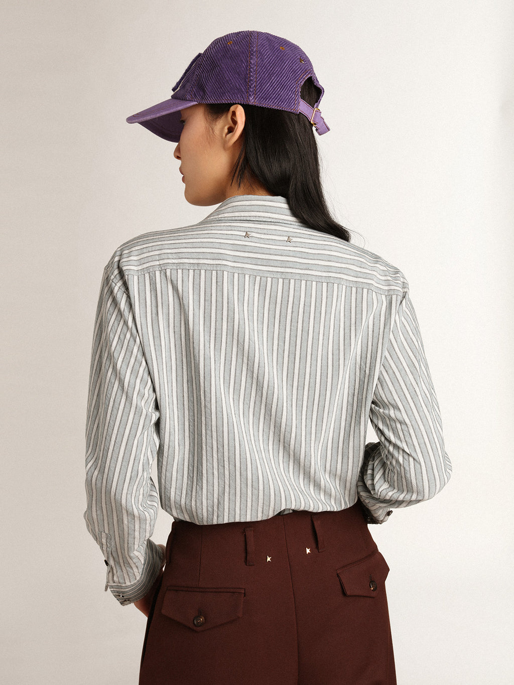 Women's boyfriend shirt with blue stripes| Golden Goose