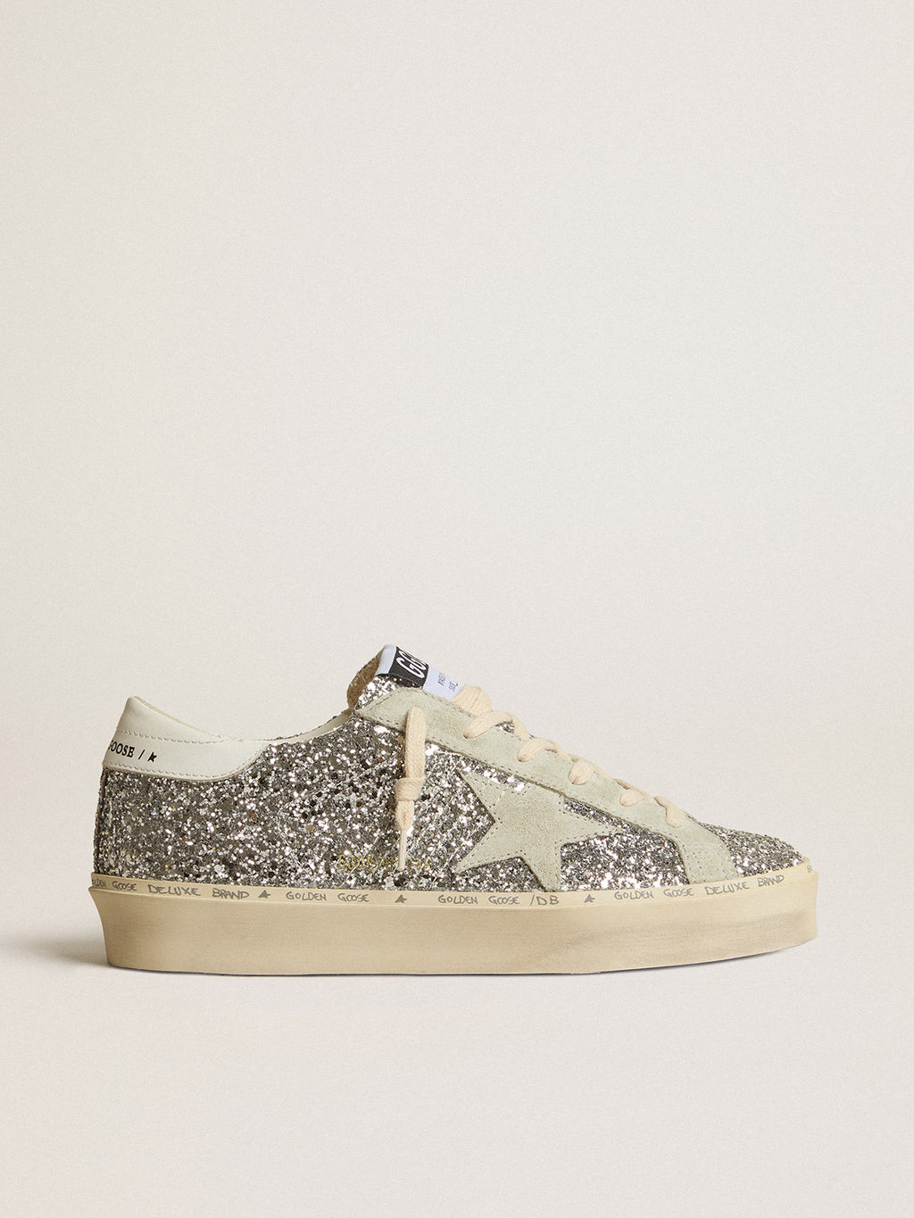 Hi Star in silver glitter with suede star and white heel tab| Golden Goose