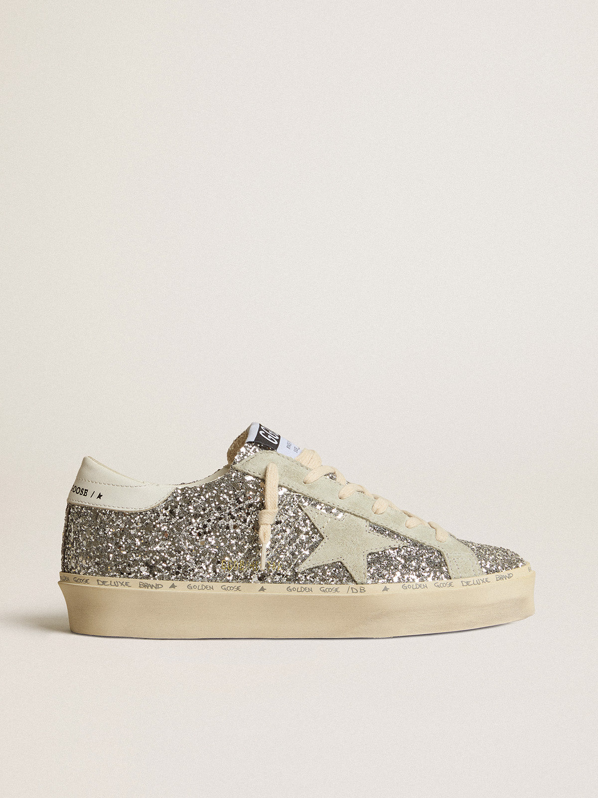 Hi Star in silver glitter with suede star and white heel tab| Golden Goose