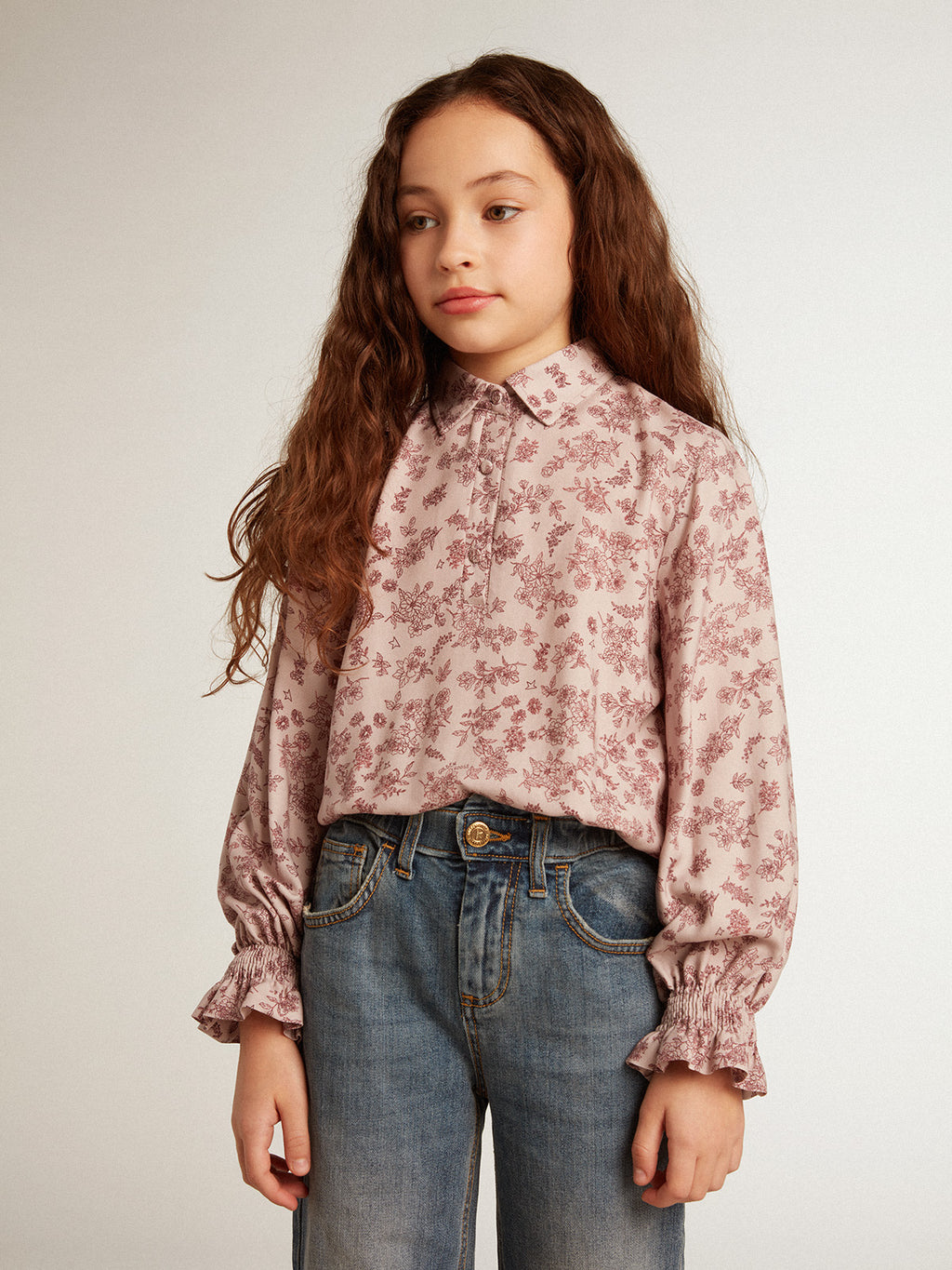 Polo shirt in powder-pink viscose with floral print| Golden Goose