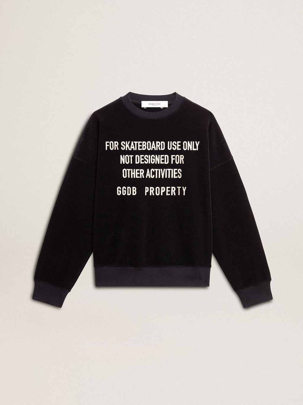 Black crew neck sweatshirt with embroidered lettering| Golden Goose