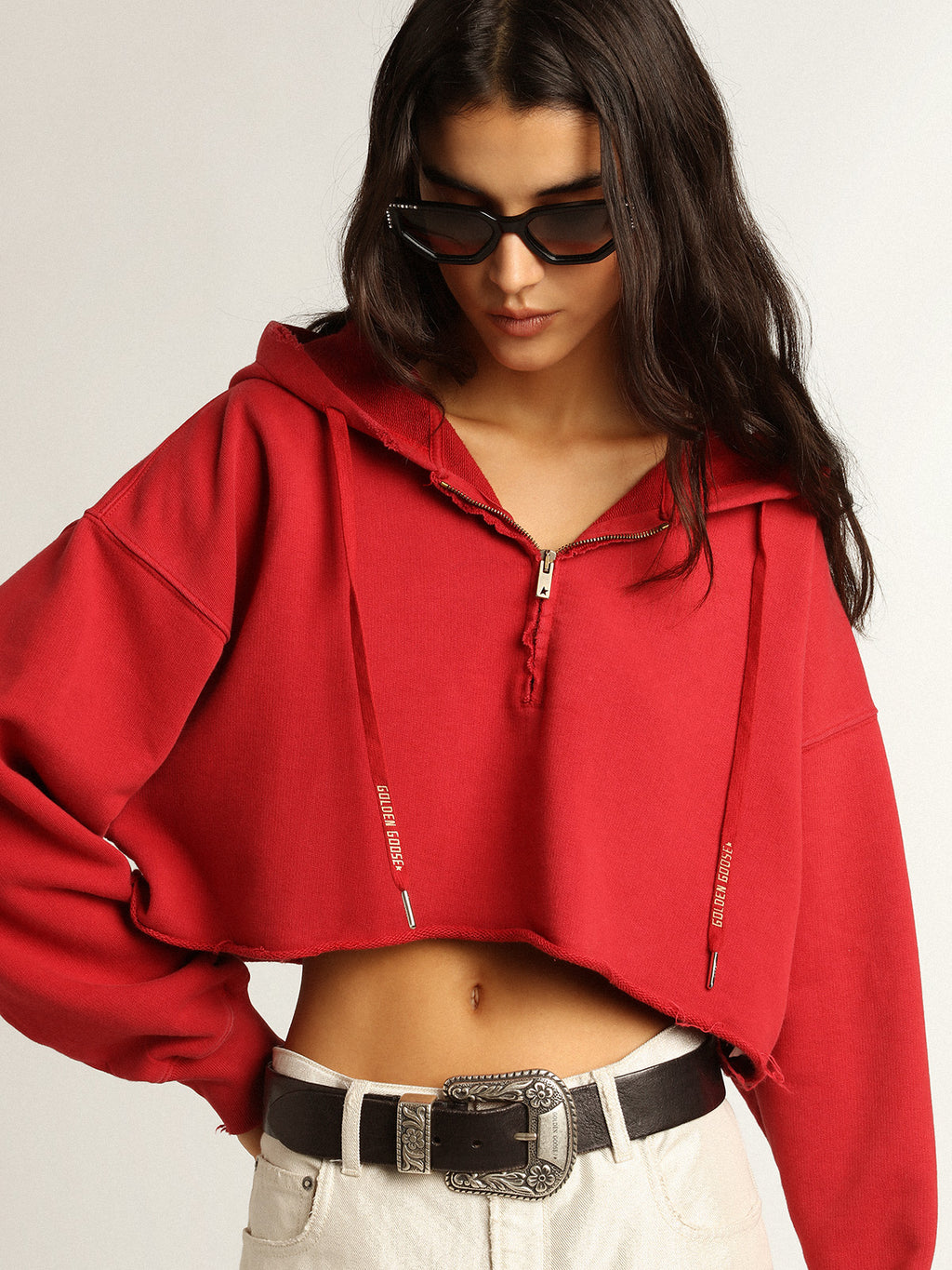 Cropped hooded sweatshirt in red| Golden Goose