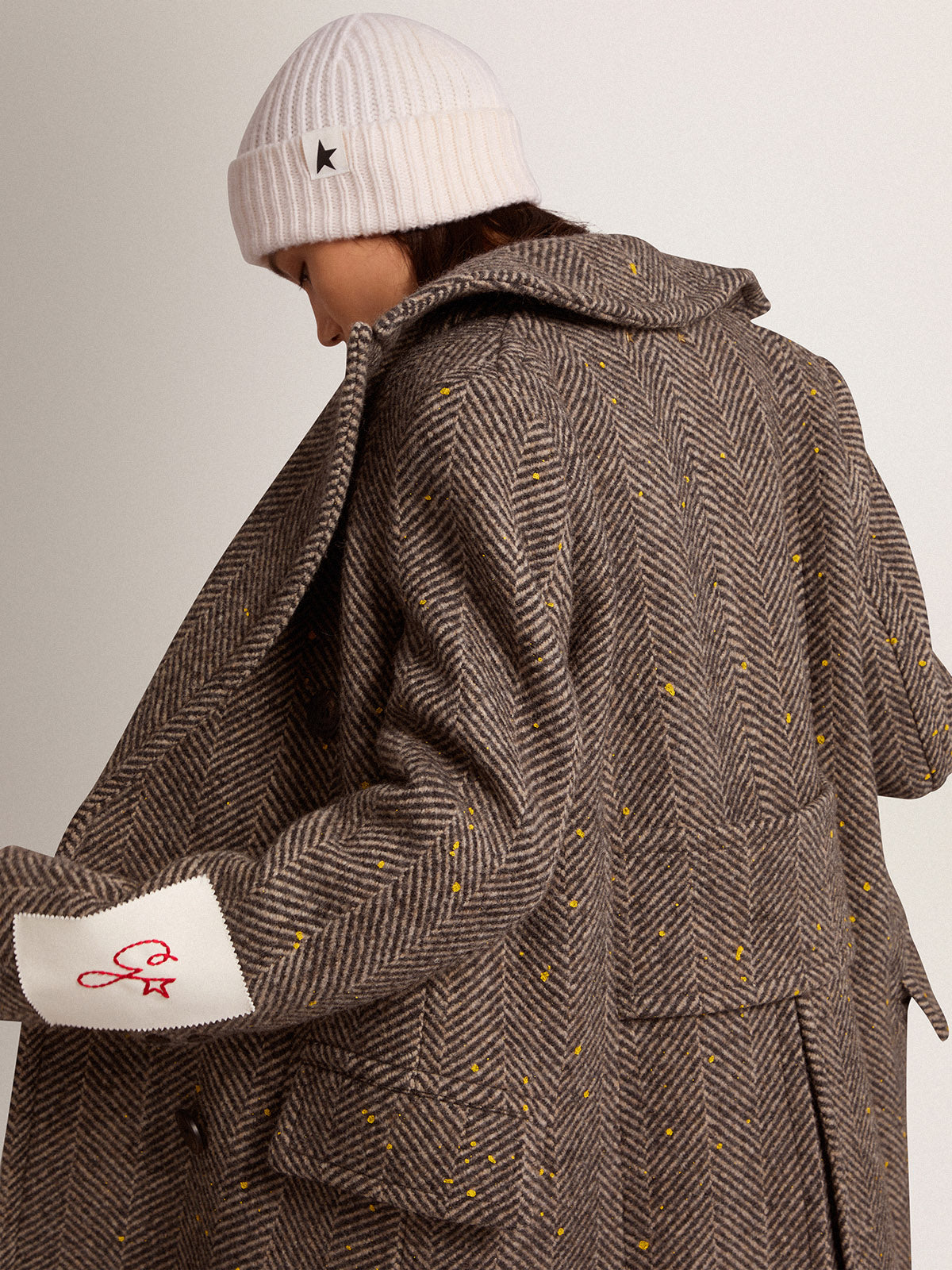 Women's long herringbone coat with yellow details| Golden Goose