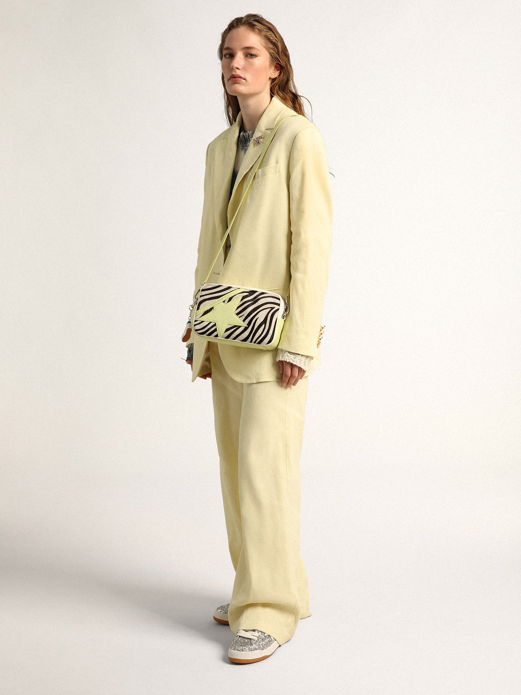 Star Bag in white and lime hammered leather with zebra-print pony skin insert and lime-colored leather star| Golden Goose