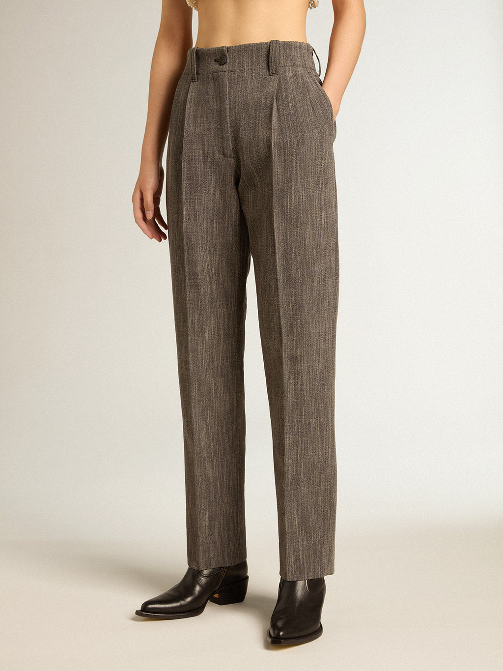 Women's high-waisted pants in gray melange wool blend| Golden Goose