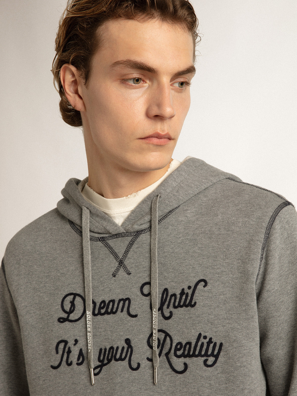 Gray melange cotton sweatshirt with hood| Golden Goose