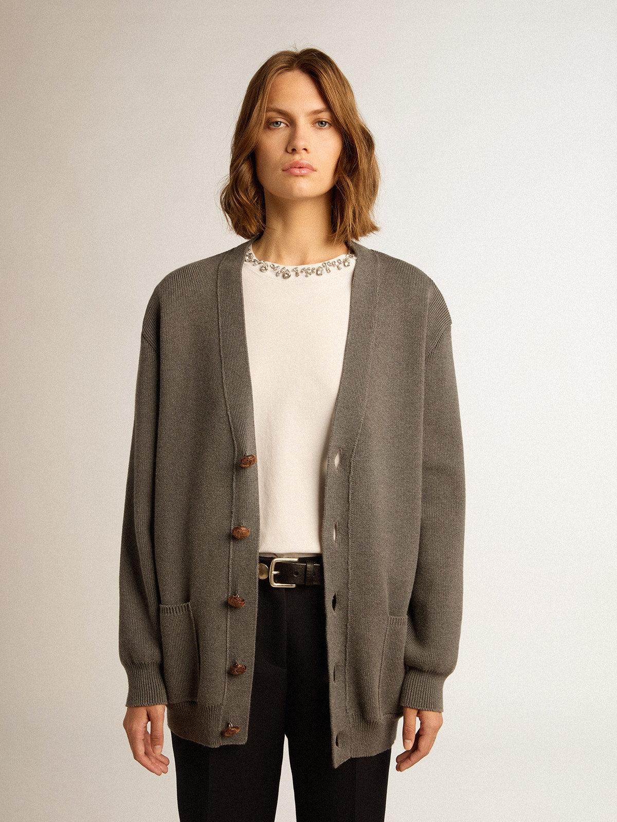 Women's grey cotton cardigan with buttons| Golden Goose