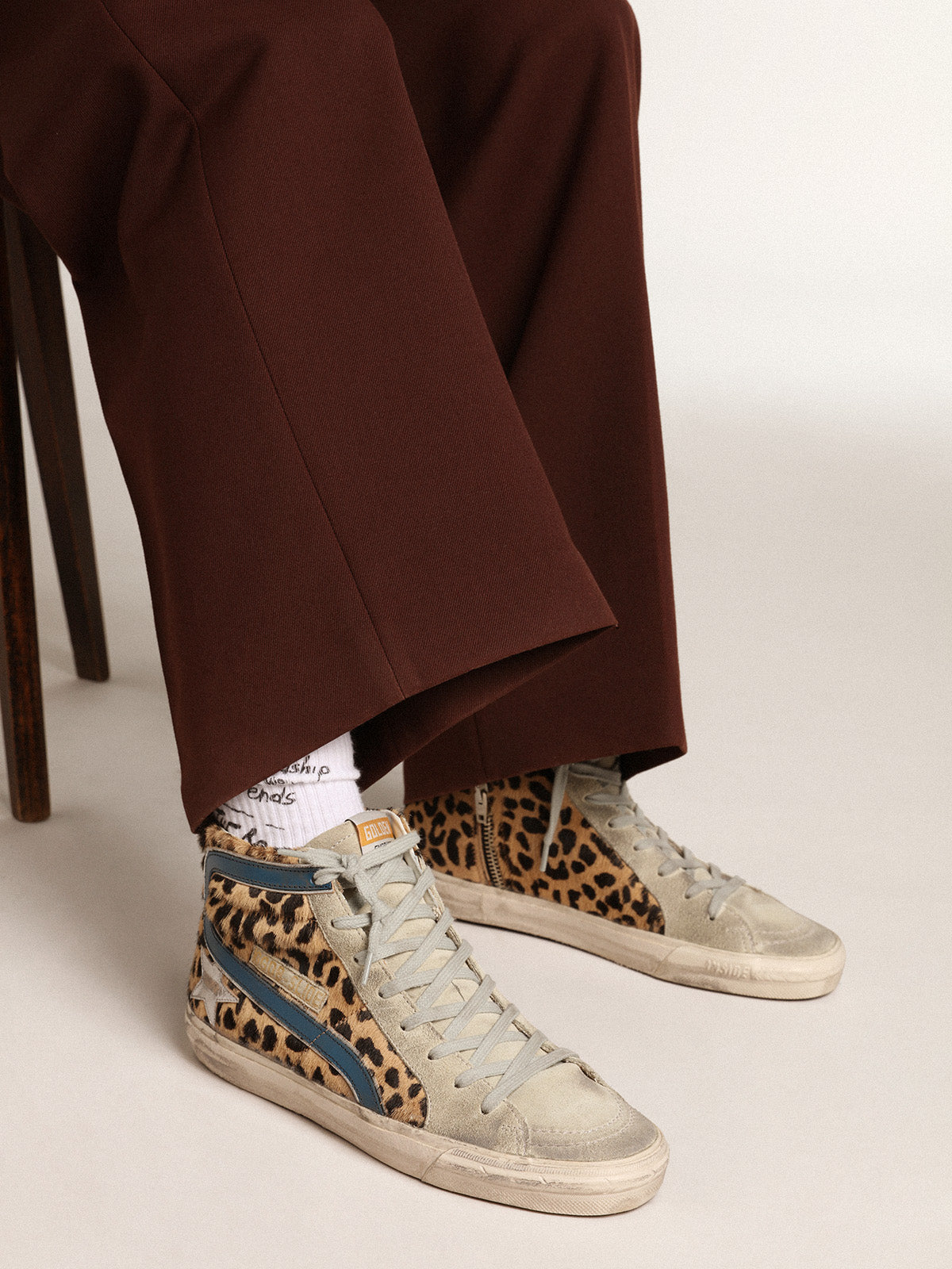 Women's Slide in leopard print pony skin with silver leather star| Golden Goose