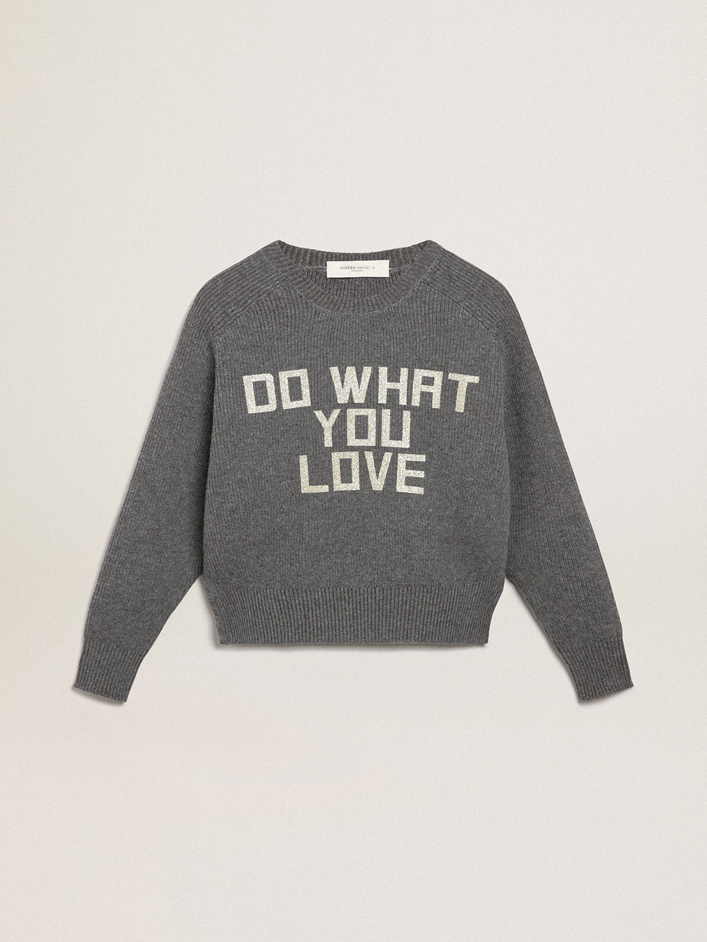Women's gray round-neck sweater with glitter lettering| Golden Goose