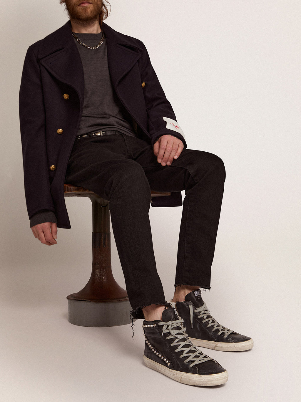 Men's round-neck sweater in dark gray mélange wool| Golden Goose