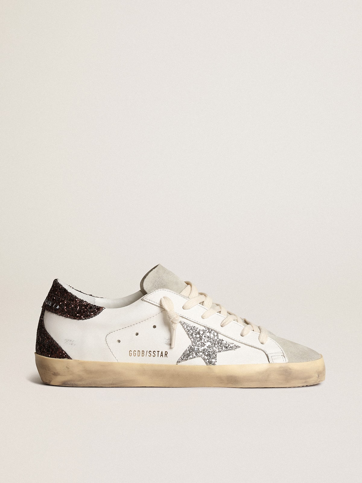 Women's Super-Star with silver star and brown glitter heel tab| Golden Goose