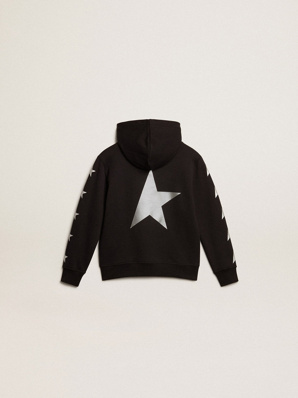Boys' hooded sweatshirt in black with contrasting silver stars| Golden Goose