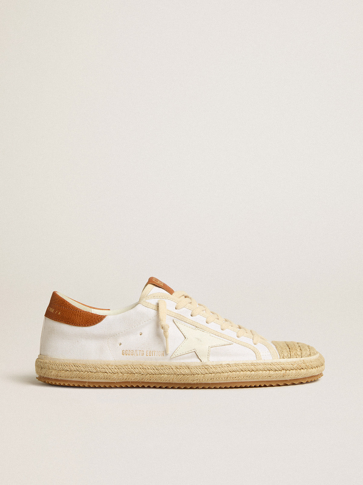 Men's Super-Star LTD in canvas with white leather star and raffia toe| Golden Goose