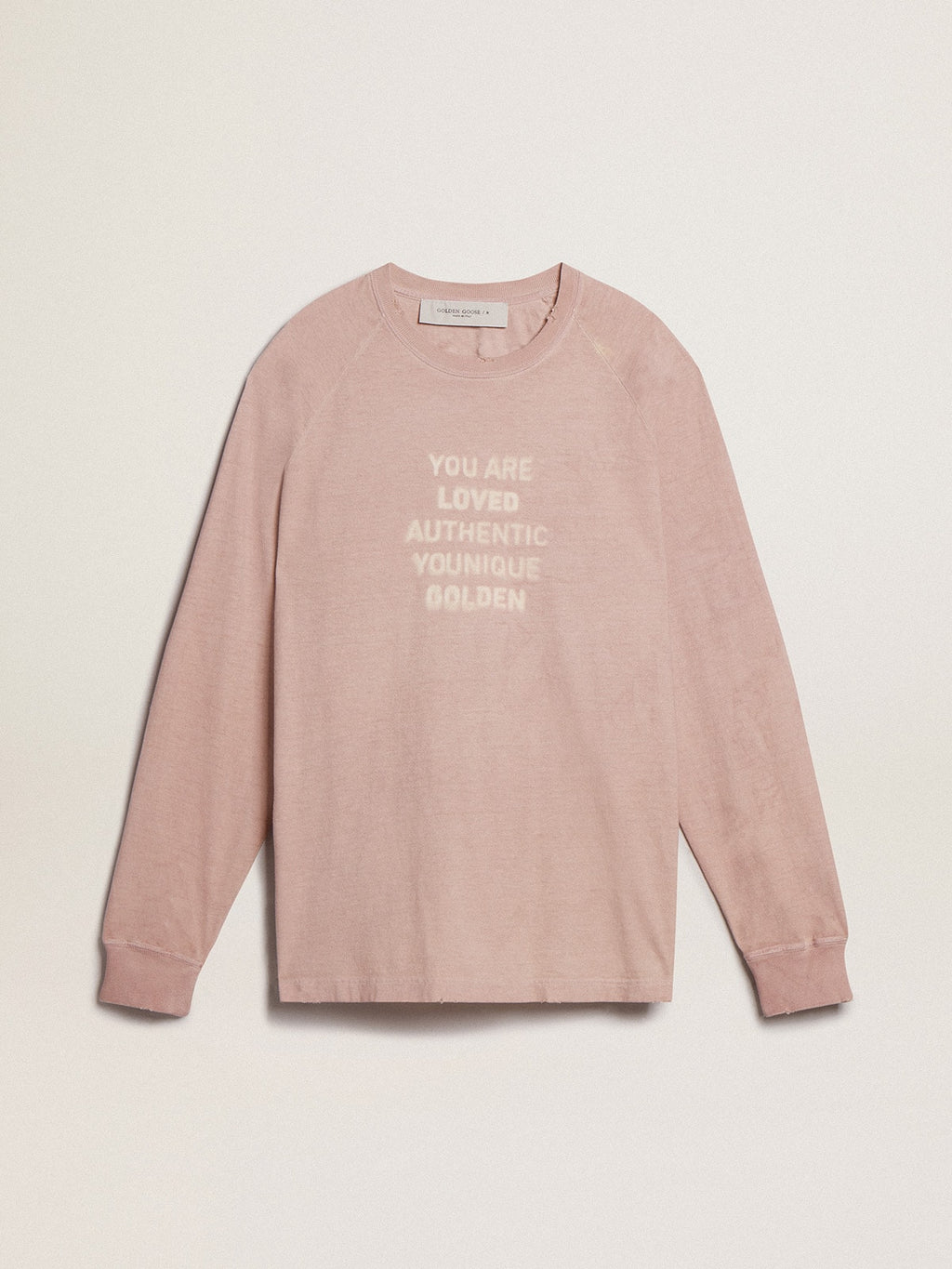 Powder-pink T-shirt with white lettering on the front| Golden Goose